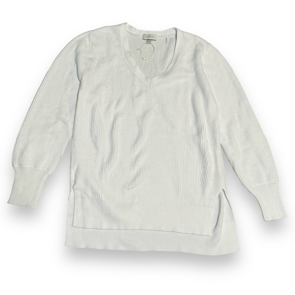 NWOT Kinross White Knit Cotton V Neck Sweater Medium
